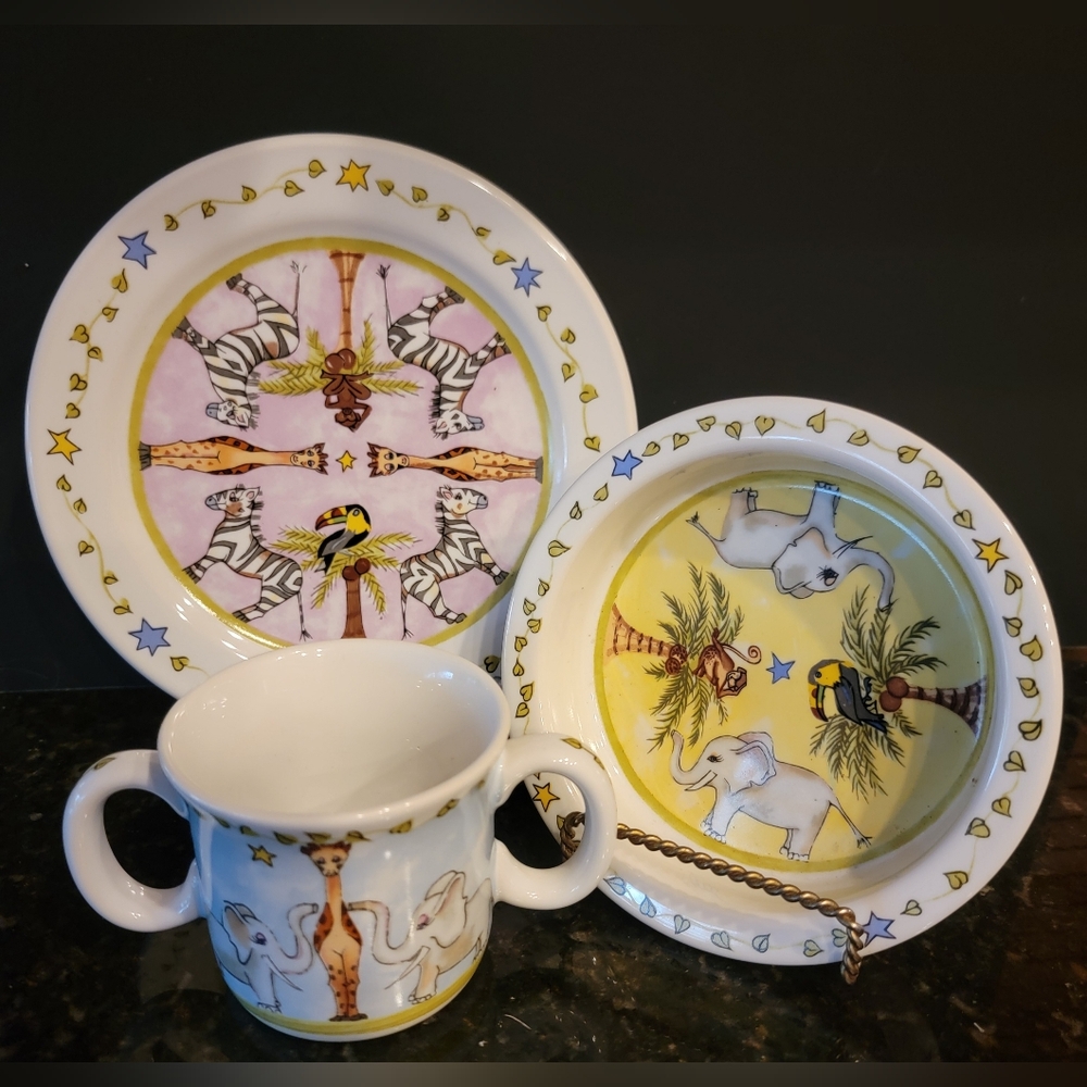 Heather Outlaw Mes Ames Safari Cute Child's Set Plate, Cup & Bowl Essex Kids